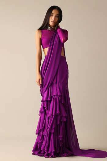 Buy Purple Net, Chiffon Turtle Neck Carey Ruffle Pre-draped Saree With ...