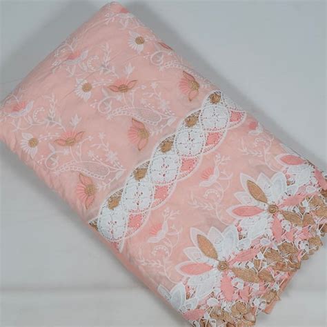 Peach Color Cotton Embroidered Fabric
