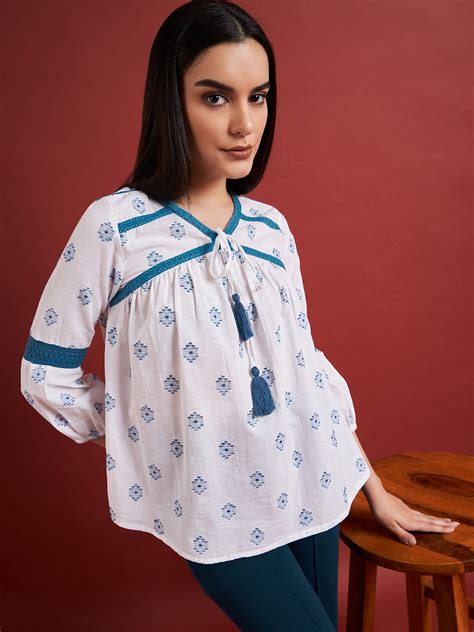 White Pure Cotton Embroidered Tie-Ups Puff Sleeves Indigo Tops ...