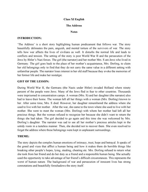 THE ADDRESS ENGLISH LANGUAGE AND LITERATURE - Class XI English The ...