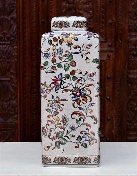 Ceramic Jar With Lid Cream Base With Multi Colour Floral Design 17 ...
