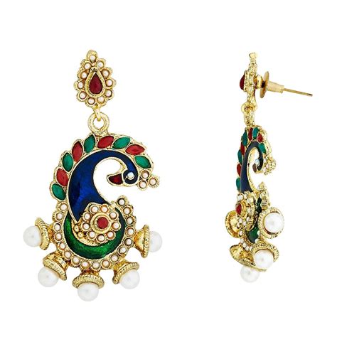 Peacock Meenakari Red Green Pearl Dangling Earring For Women – ZIVOM