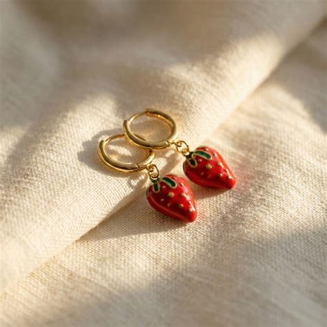 Golden Strawberry Charm Hoop Earrings | Myst Juels Jewellery – Mystjuels
