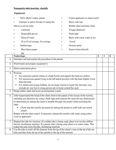 NGT checklist - Nursing foundation procedure - Nasogastric tube insertion checklis Equipment ...