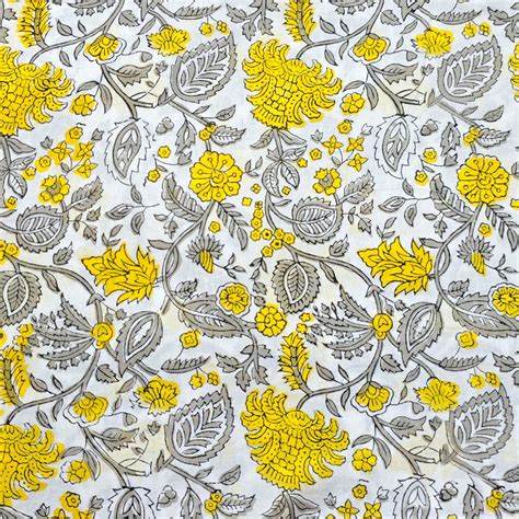 Pure Cotton Jaipuri White With Grey And Yellow Flower Jaal Hand Block ...