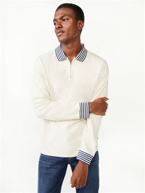 Free Assembly Men’s Tipped Stretch Pique Zip Polo Shirt with Long Sleeves