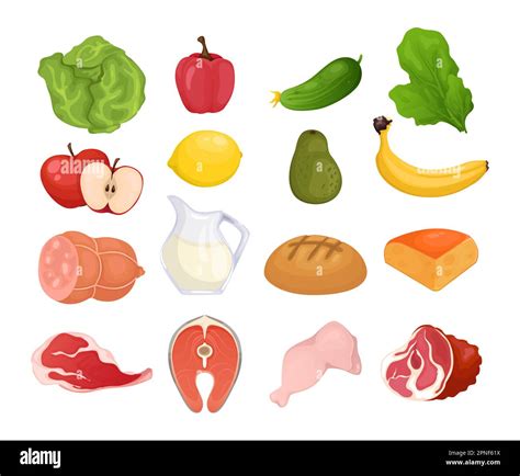 Fresh food cartoon set of fruits vegetables meat and milk useful products isolated vector ... - diet of meat vegetables and fruits