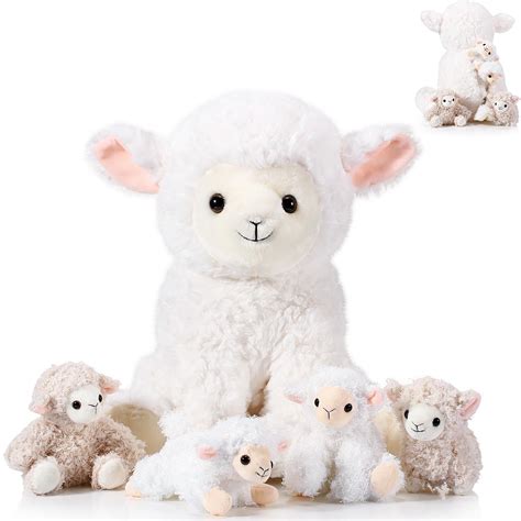 Lenwen 5 Pcs Lamb Stuffed Animal Set 14 Inch Mommy Lamb Plush with 4 ...