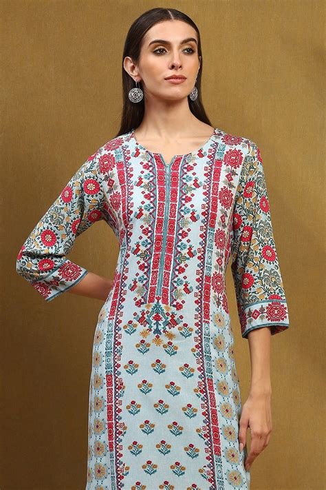 Turquoise Floral Printed Straight Suit Set at Biba India