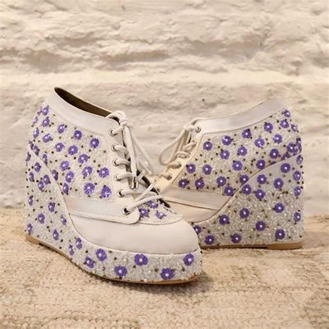 White with Lavender flowers embroidered Sneaker Wedges | Tiesta ...