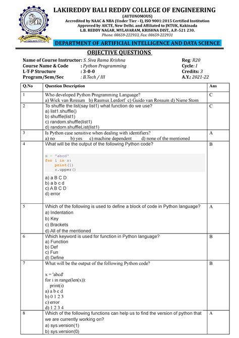 Python Objective Questions - LAKIREDDY BALI REDDY COLLEGE OF ...