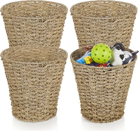 Amazon.com: Hushee 4 Pcs Seagrass Waste Basket 3 Gallons Wicker Waste Basket Woven Rattan Trash ...