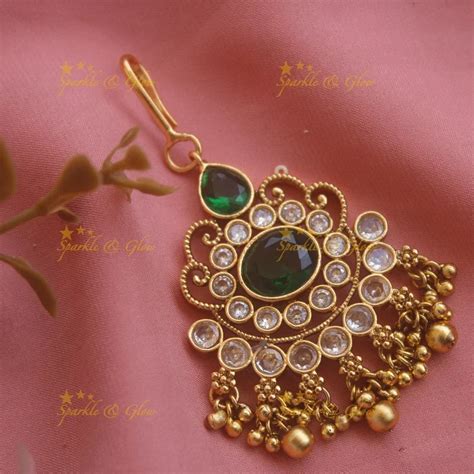 Red & Green Stone Floral Maang Tikka with Beads – Sparkle and Glow