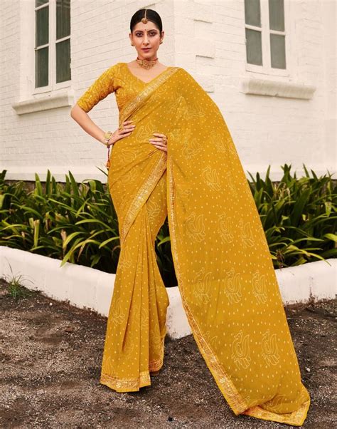 Buy Tulip Tree Yellow Georgette Bandhani Saree Online - MySilkLove