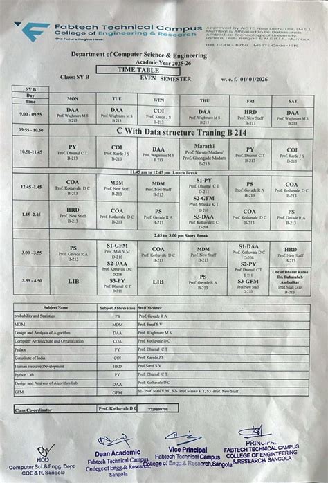 Computer Science & Engineering Timetable/ Academic Calendar
