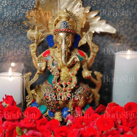 Ganesha Brass Idol with Meenakari Stonework | Office Desk Decor ...