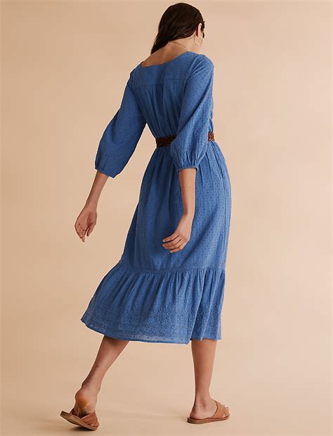 Buy Pure Cotton Embroidered Midi Waisted Dress at Marks & Spencer