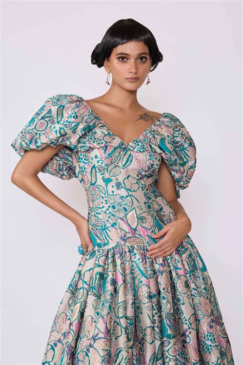 Buy Arcadia pink green jacquard gathered gown Online | Aisha Rao
