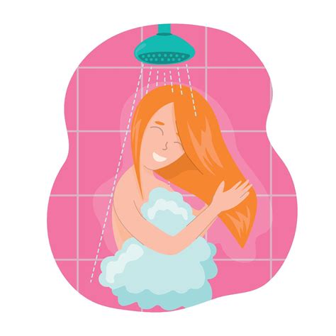 Young pretty Woman cartoon character taking shower with bubble for ...