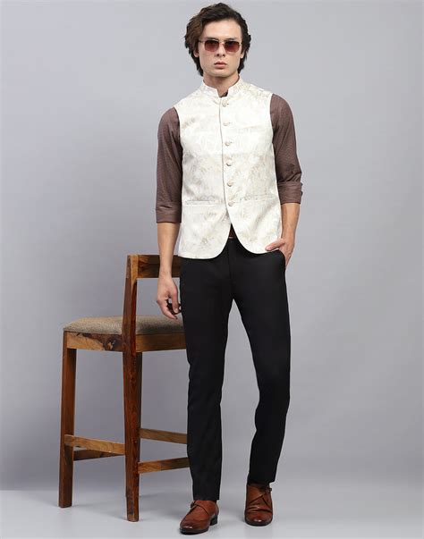 Buy Men Cream Floral Print Band Collar Sleeveless Nehru Jacket Online ...