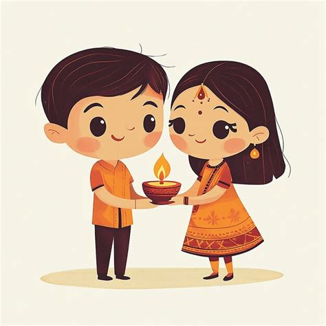 Vector illustration of indian boy and girl celebrating diwali with diya ...