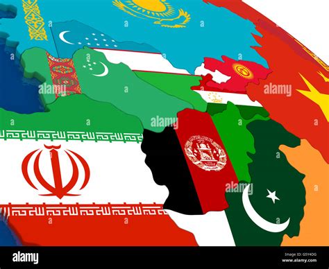 Map of Central Asia with embedded flags on 3D political map. Accurate ...