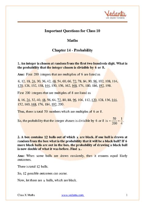 Probability Important Questions for Class 10 Maths - Chapter 14 - Studocu