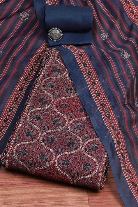 Maroon Chanderi Printed Embroidered Unstitched Suit Set at Biba India