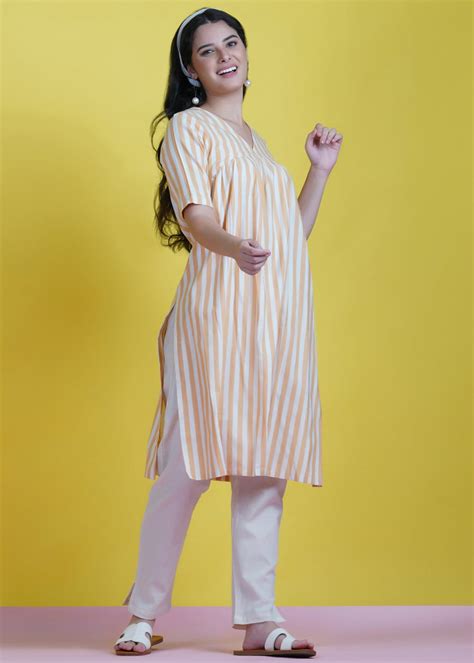Get Yellow And White Stripe V Neck Kurta With Gathers And Flex Basic ...