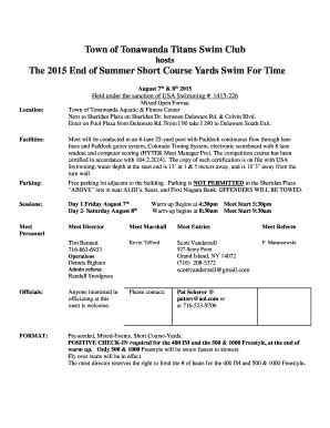 Fillable Online The 2015 End of Summer Short Course Yards Swim For Time ...