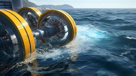 Close-up of tidal turbine hub rotating in water