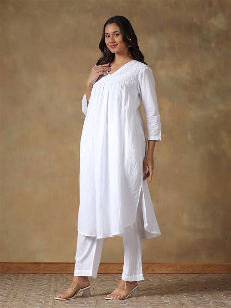 White Cotton Lucknowi Chikankari Kurta-Pant Set – Brown Living™