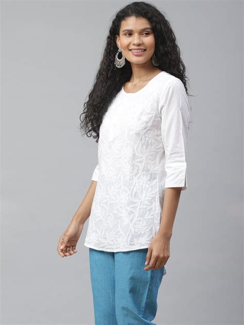 White Chikankari Embroidered High-Low Top – akheri