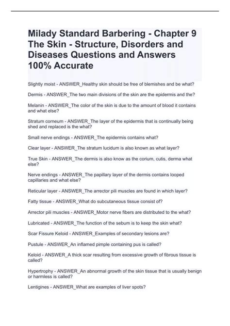 Milady Standard Barbering - Chapter 9 The Skin - Structure, Disorders and Diseases Questions and ...