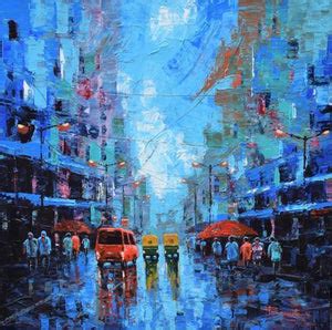 "Rainy Street": Blue Green Acrylic Painting by Purnendu Mandal ...
