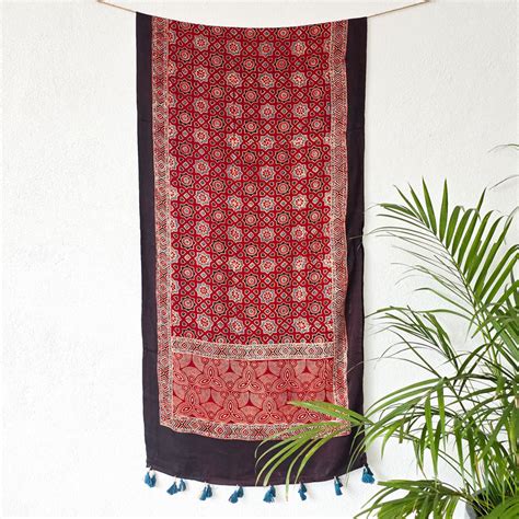 Modal Silk Ajrak Rust Red With Black Border Stole – Sanskruti