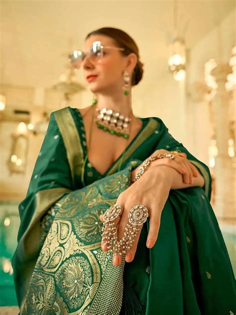 Mesmerizing Green Satin Silk Festive Wear Woven Saree - VJV Now - India