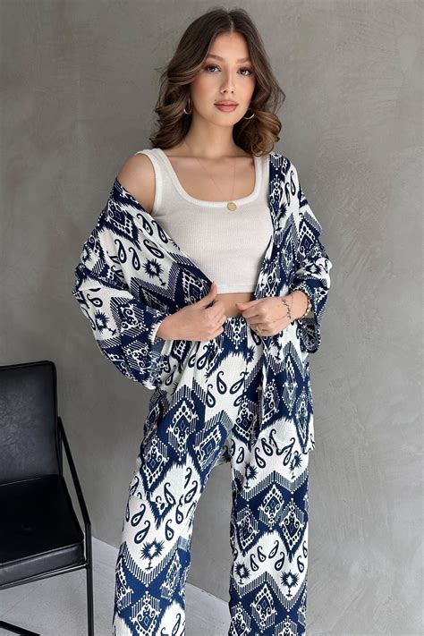 Navy Blue White Leopard Print Kimono Pants Set | Rabi Shine
