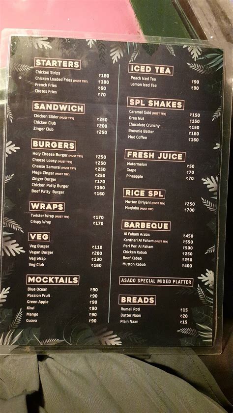 Menu at Asado Cafe, Kollam