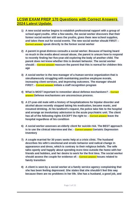 LCSW EXAM PREP 170 Questions with Correct Answers 2024 Latest Update ...