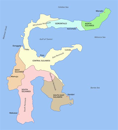 Sulawesi, Indonesia showing provinces, their capital cities, a few other cities and some ...
