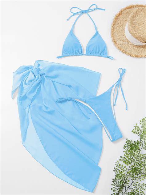 SHEIN Swim Vcay Solid Bikini Set Triangle Bra & Tie Side Bottom & Beach ...