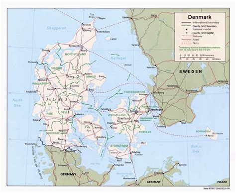 Large political and administrative map of Denmark with roads and major cities - 1999 | Denmark ...