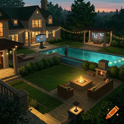 A luxurious mansion backyard at dusk with a large swimming pool, a cozy ...