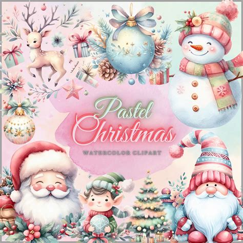 Cute Pastel Christmas Clipart Bundle PNG Watercolor Xmas Clip Art Pink ...