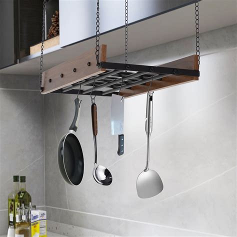 Miumaeov Ceiling Mounted Pot Rack Wood Hanging Pot Pan Rack Kitchen ...