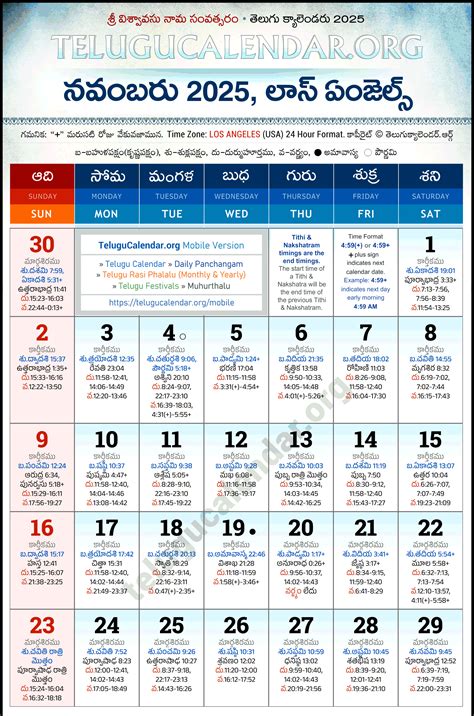 Los Angeles Telugu Calendar 2025 November PDF Festivals