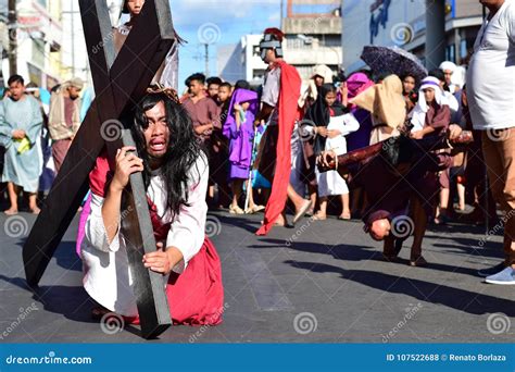 Role of Jesus Christ Crying in Pain and Agony Carrying Heavy Wooden Cross on Street Editorial ...