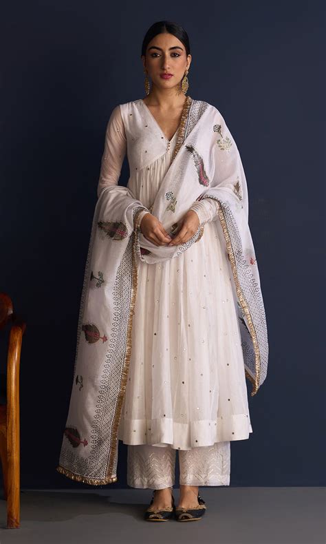 Rasiya White V-neck Anarkali With Palazzo And Foil Block Print Dupatta ...