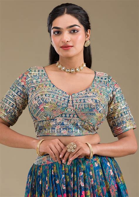 Buy Navy Blue Printed Georgette Readymade Lehenga - Koskii